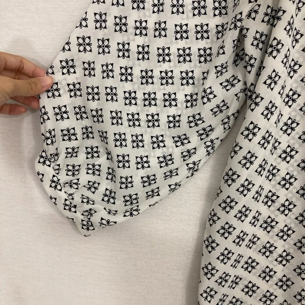 LOFT Black‎ White Square Neck 3/4 Puff Sleeve Feminine Preppy Blouse Large